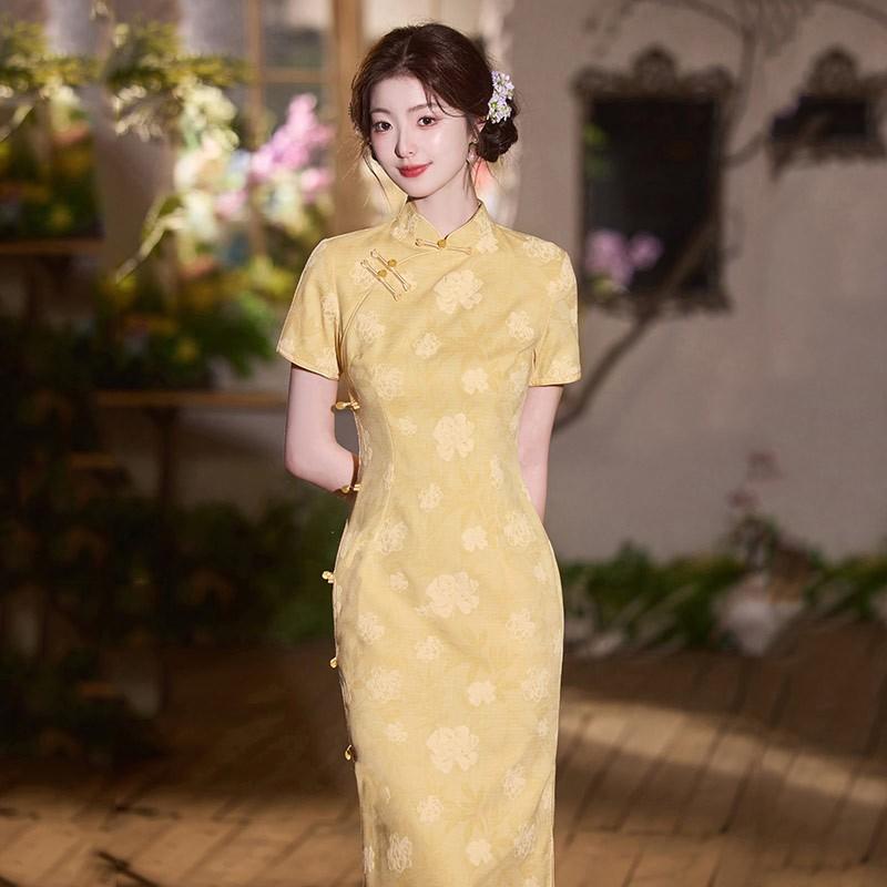 Yellow Vintage Chinese-Inspired Long Cheongsam Dress Women Short Sleeve Retro Daily Wear Bamboo Linen Blend