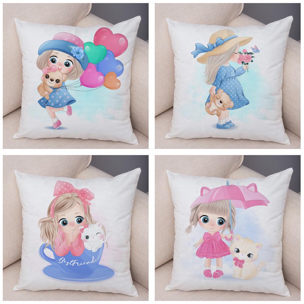 Children's Room Sofa Home Pillowcase Cute Cartoon Girl and Cat Pillowcase Decoration Cute Animal Cushion Cover