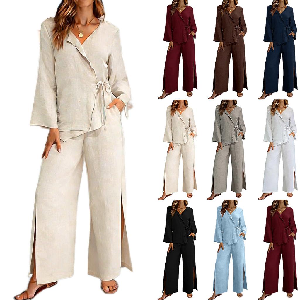Women's Casual V-neck Long Sleeved Shirt Long Pants Two-piece Set