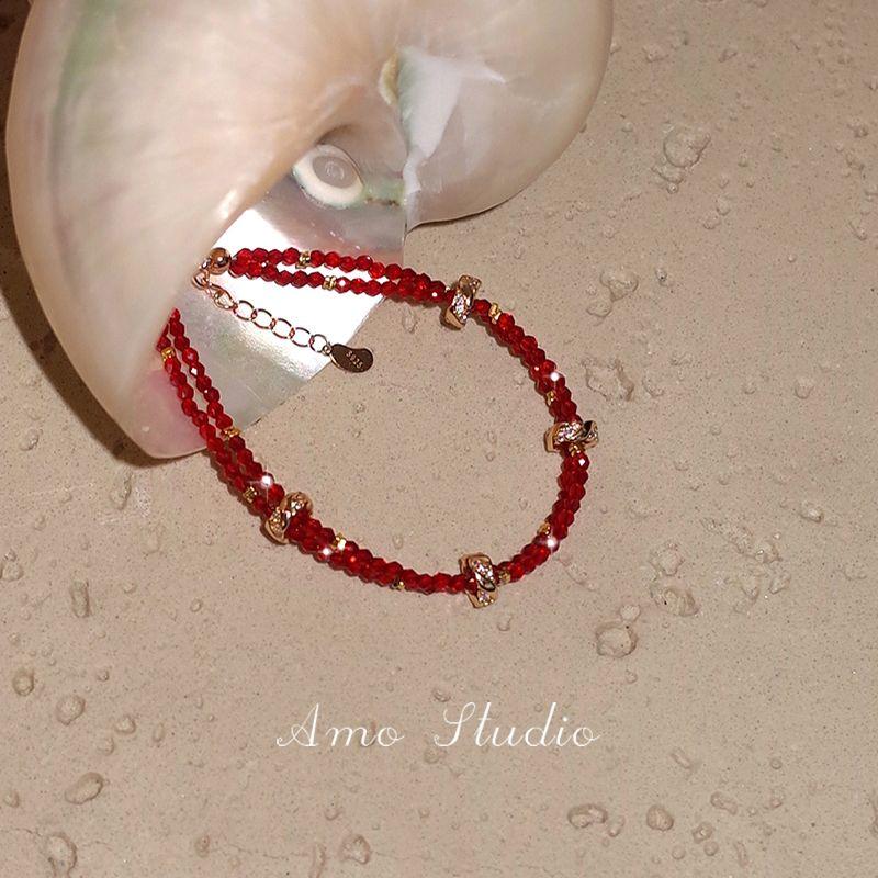 

AMO Small Perfect Red Agate Double-Layer Bracelet Female Light Luxury Minority Exquisite Beaded Bracelet Animal Year Red Carrying Strap Natural red agate, 15+3cm extended chain