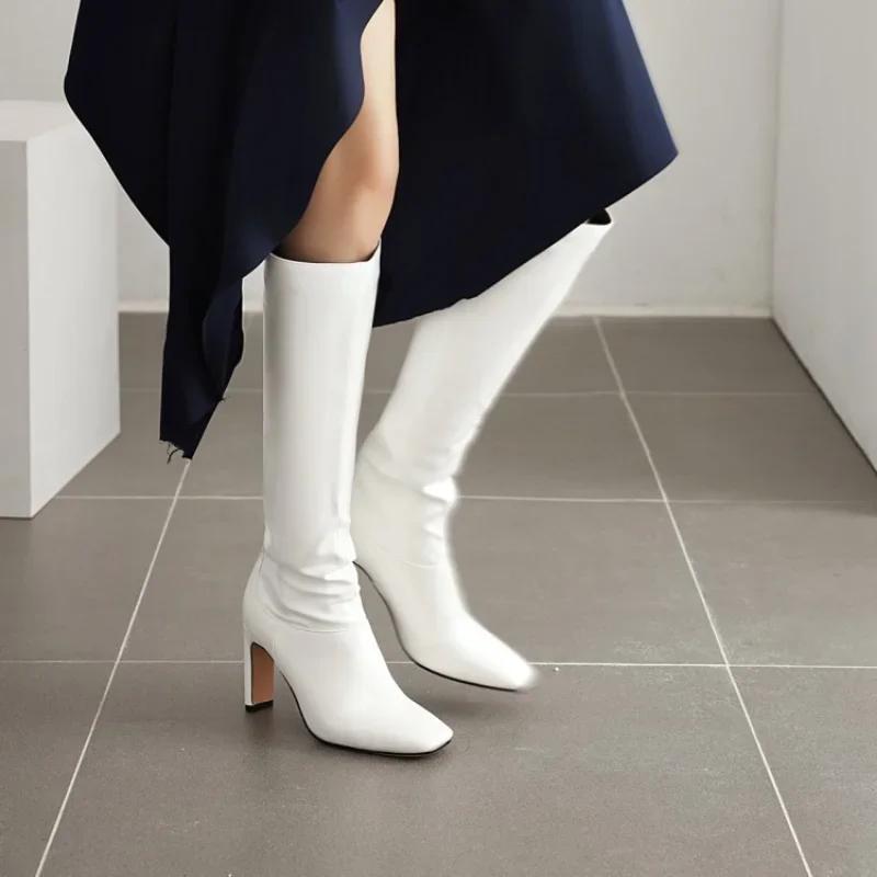 Women's Boots Autumn and Winter Fashion New Style Sexy Knee-High Square heel Square Toe black Platform high 9cm plus size 34-48