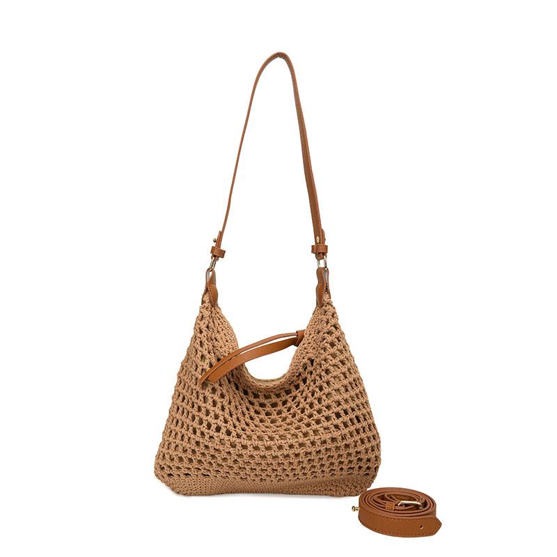 

Zipper Sweet Hollow Crochet Hobo Bag with Leather Strap Bohemian Beach Handbag Large Capacity Straw Woven Women s Shoulder Bag хакі