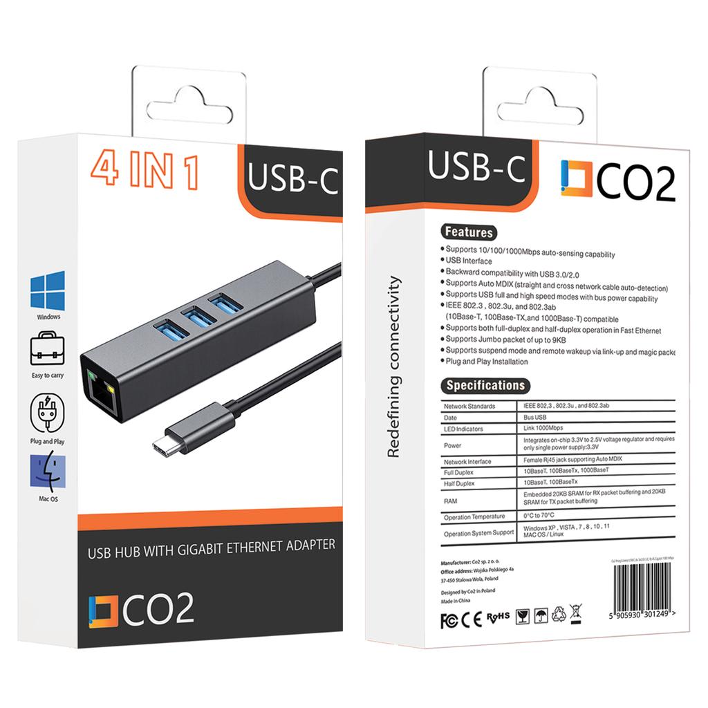 Przejściówka Usb-C Ethernet Adapter Karta Sieciowa Lan Hub Usb Gigabit Rj45