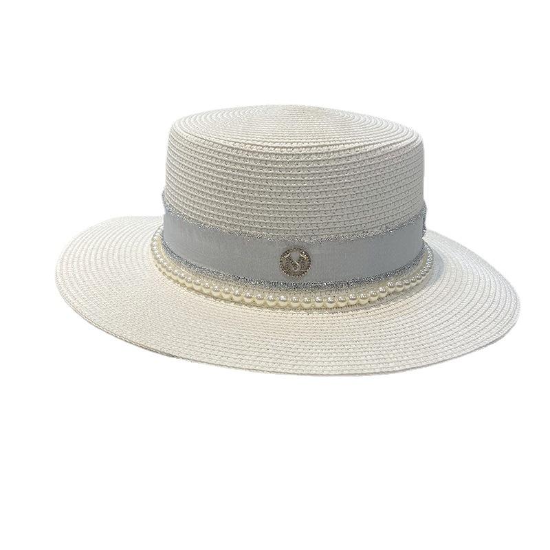 Straw hat women's spring and summer versatile pearl M letter flat top top top hat big brim sunshade sunscreen beach hat shows small face