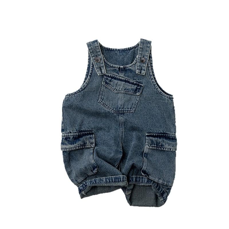 Kids Loose Casual Solid Denim Suspender Long Pants Unisex Baby Korean Style Children Clothing