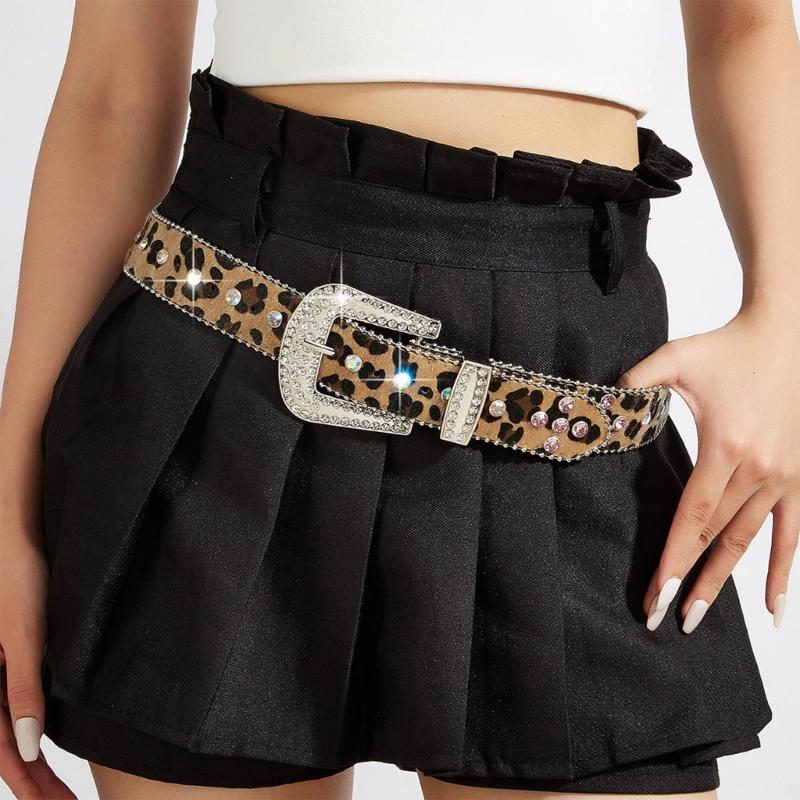 Leopards Print Rhinestones Belt With Pin Buckles for Women and Men Soft PU Adjustable Waistband