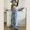 Autumn Winter Ladies Cargo Jeans American Street Style Baggy Cargo Pants Women Blue Multi Pocket Wide Leg Jeans Women