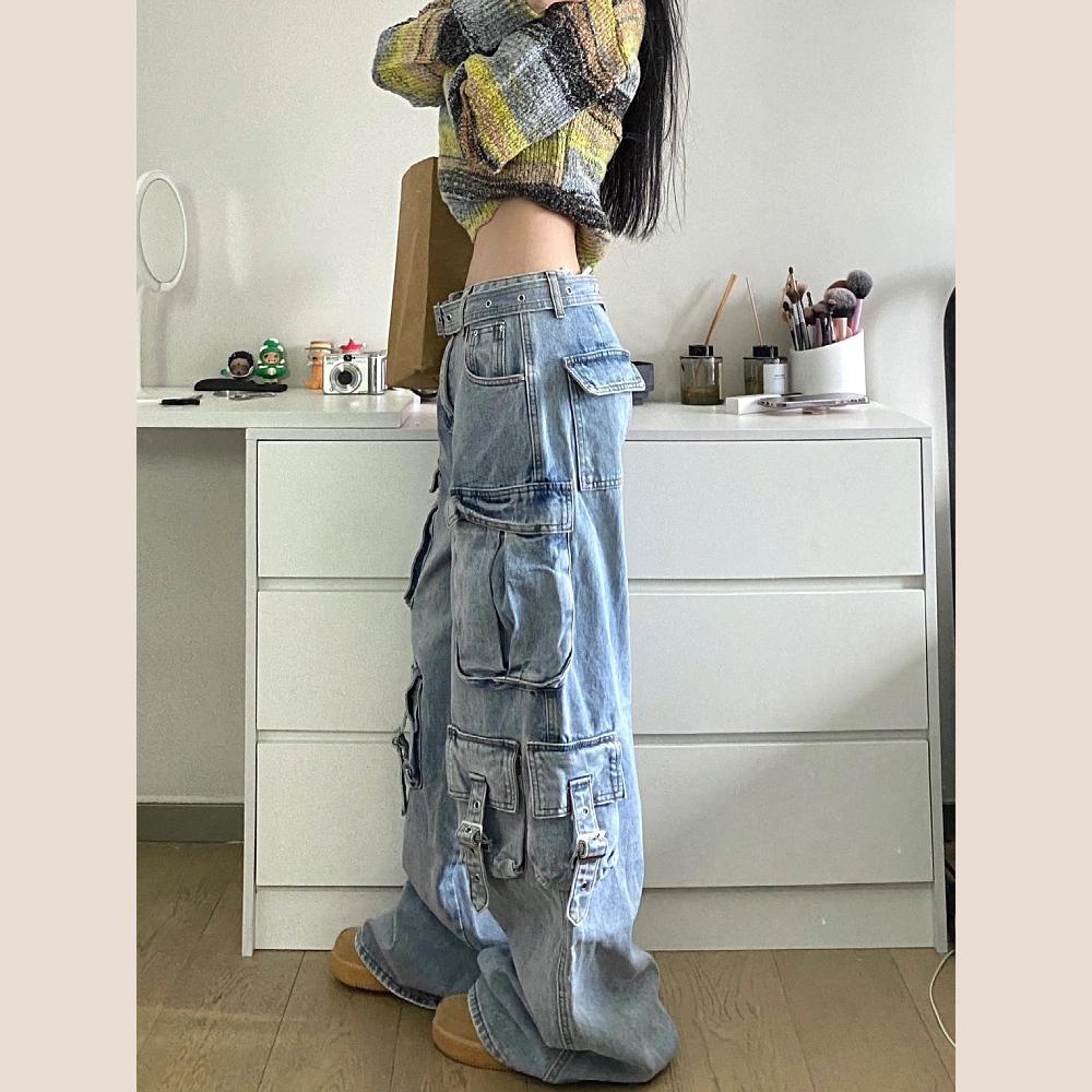 Autumn Winter Ladies Cargo Jeans American Street Style Baggy Cargo Pants Women Blue Multi Pocket Wide Leg Jeans Women