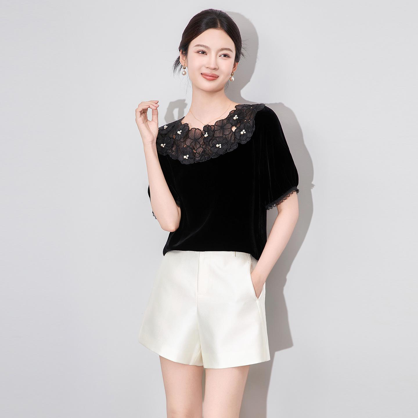 

High-Quality Silk Velvet Floral Beaded Short-Sleeve Round Neck Top - Women s Summer Elegance Large чёрный