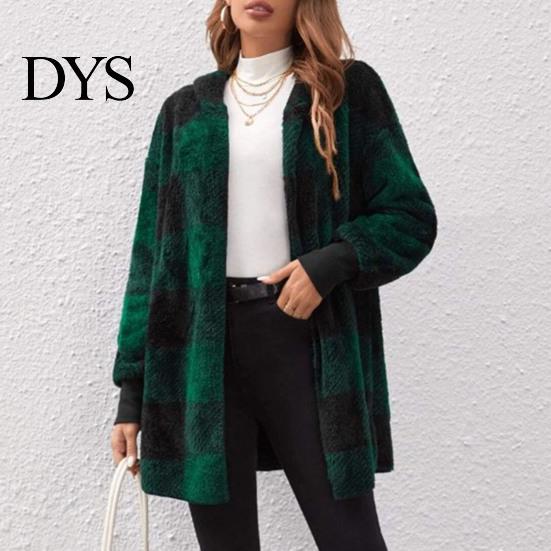Cardigan Sweater Winter Coat Plaid Print Hooded Thick Windproof Open Stitch Knit Outerwear Mid Length Fuzzy Plush Jacket for School Travel Fall