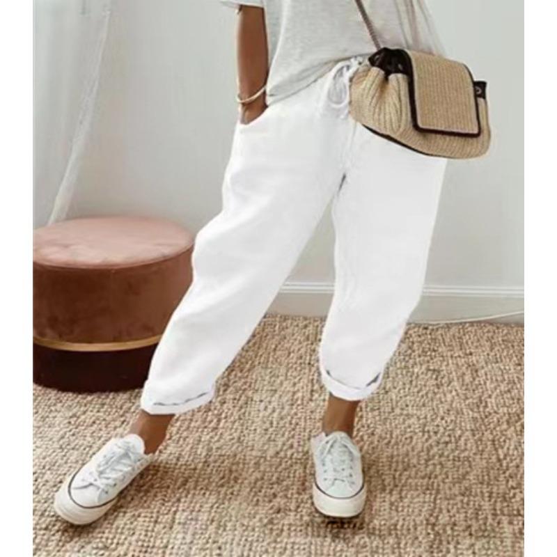 women s Casual Drawstring Elastic Waist Linen Blend Cropped Pants Loose Fit Trousers Capris S