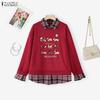 Women Casual Lapel Neck Long Sleeve Print Patchwork Loose Blouse