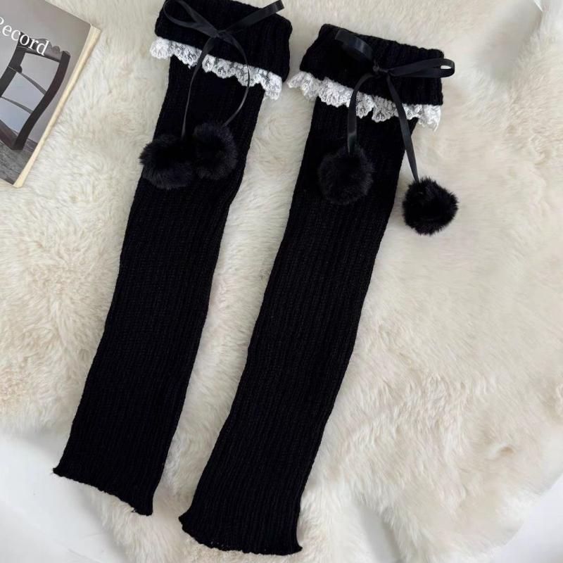 

Осенне-зимние гетры с помпонами в японском стиле, с бантиками, милые, с помпонами и кружевной отделкой, до середины икры, присборенные носки для женщин, вязаные гетры