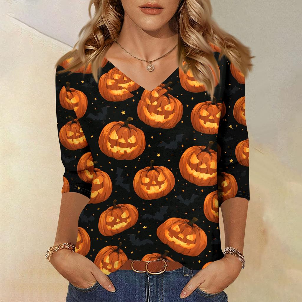 Women's Casual Halloween Print V Neck Top Three Quarter Sleeve Lightweight Blouse for Fall Seasonal Wear