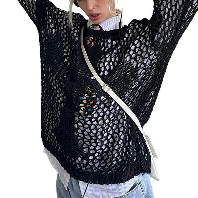 

Женский укороченный топ Y2K, винтажный свободный рваный вязаный крючком пуловер, женский повседневный сказочный шикарный укороченный трикотаж L