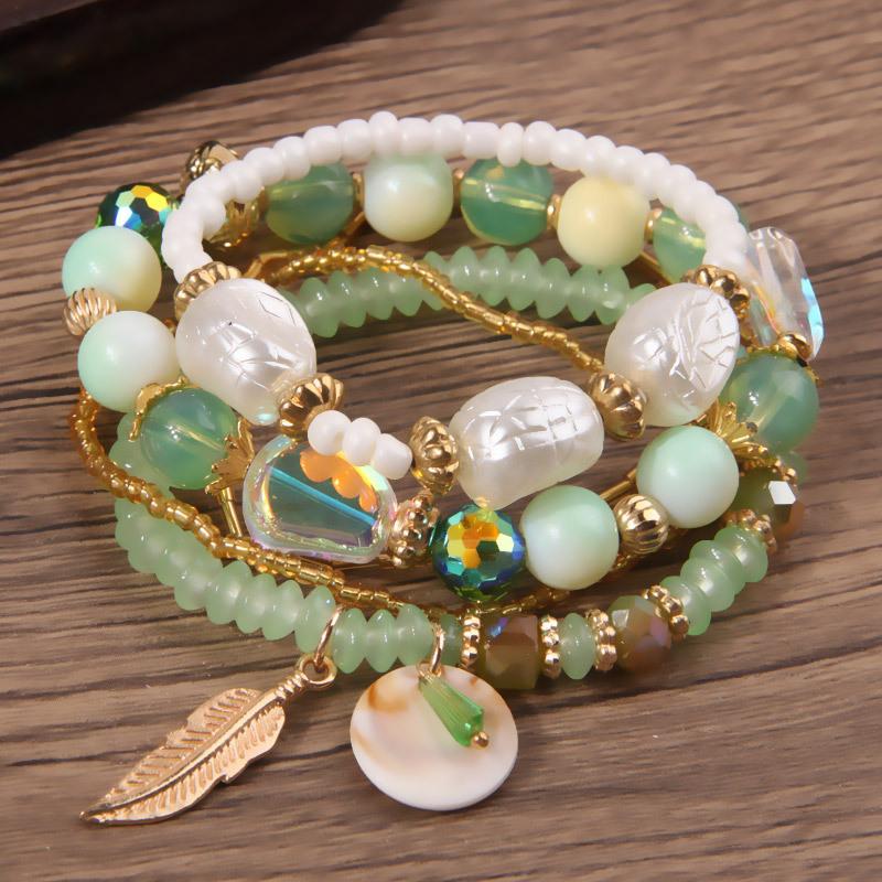 Famous Style Shell Leaf Pendant Mixed and Matched Beads Multi-layer Temperament Women's Bracelet Set