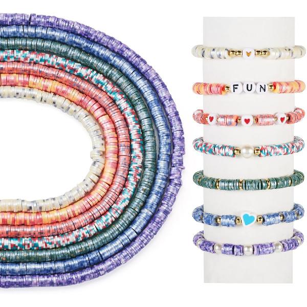 Pandahall 7 Strands 6mm Flat Polymer Clay Beads Speckled Vinyl Heishi Beads 7 Colors Pearlized Colorful Disc Clay Spacer Beads for Friendship