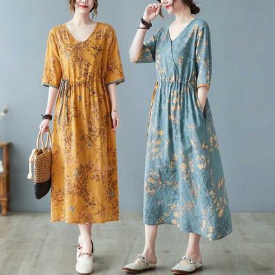 New Loose Plus Size Printed Dress Ethnic Style V-neck Five-minute Sleeve Literary Long Dresses
