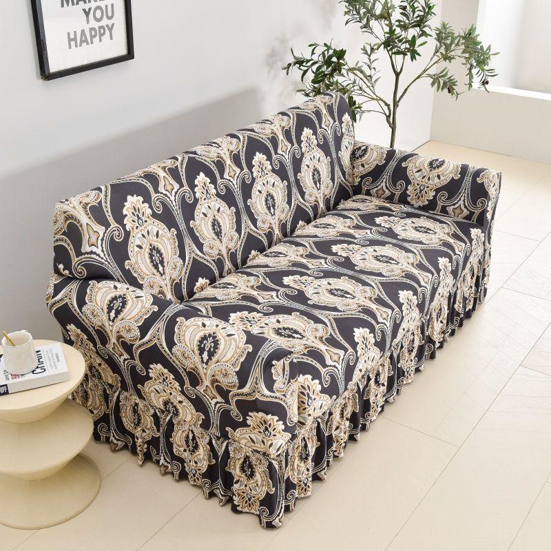 Floral Digital Print Elastic Sofa Cover with Ruffled Hem - Stretchy One-Piece Design, Adjustable Straps  Couch Covers for Sofa
