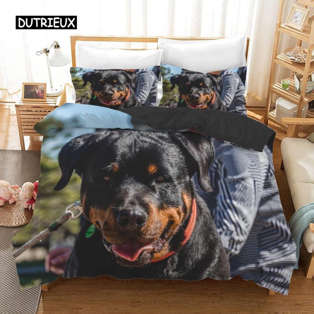 Rottweiler Duvet Cover Twin Black Rottweiler Twin Bedding Set Animal Theme for Dog Lover Polyester Double Queen King Quilt Cover