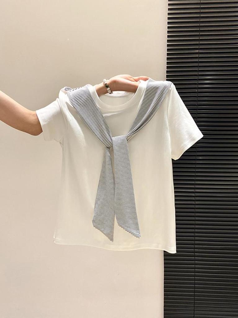 White short-sleeved T-shirt with shawl, women's summer new slim-fitting and thin cotton versatile top