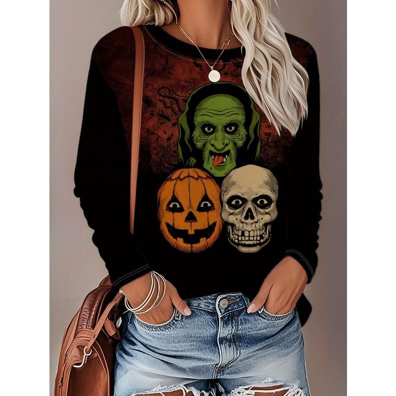 Round Neck 3D Skull Printed Top Casual Long Sleeved Women's T-shirts - Soft Medium Stretch Polyester Fabric Spring and Autumn Relaxed Fit Clothing