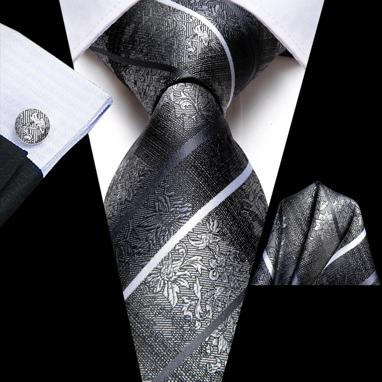 

Мужской галстук Hi-Tie, серый полосатый галстук, носовой платок, запонки, свадебный галстук, выпускной вечер