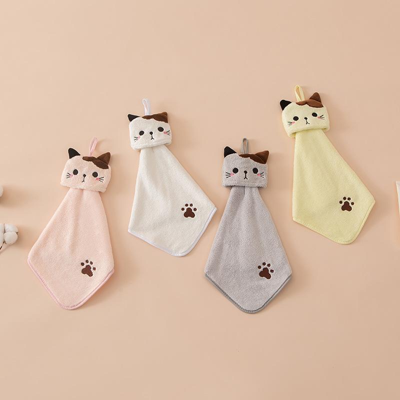 1PC Cute Cat Kitchen Cleaning Towel Hanging Hand Towels Absorbent Dishcloths Coral Velvet Soft Cleaning Cloth Rag