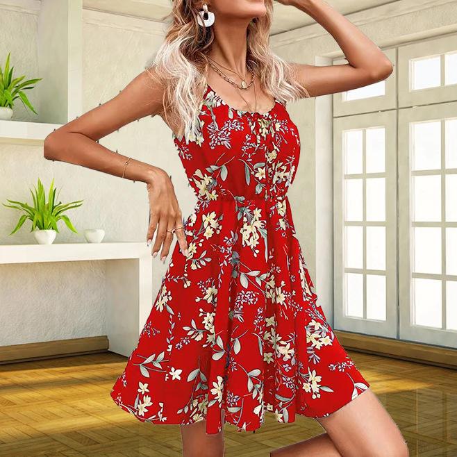 

2026 Summer Floral Strappy Sleeveless Dress for Women: New Fashion with Elastic Waist. Small червоний