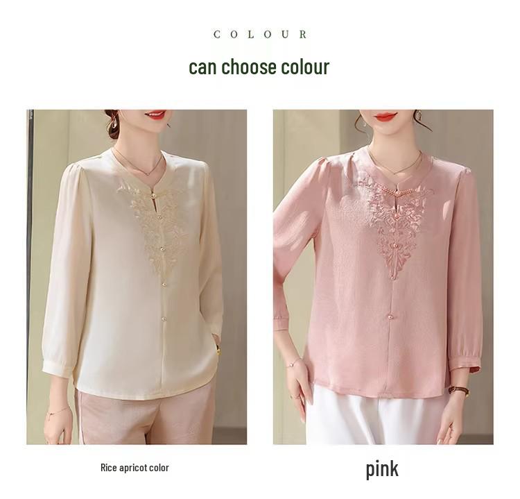 Mom's Spring Style: New 2026 Chinese-Inspired Blouse for Middle-Aged & Elderly Women - Round Neck, Thin Fabric