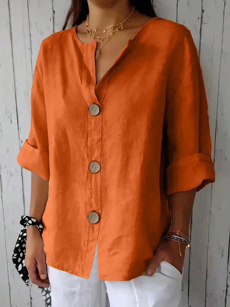 Plus Size Women Solid Color Front Button Shirt, Spring Casual Loose Daily Blouse Top