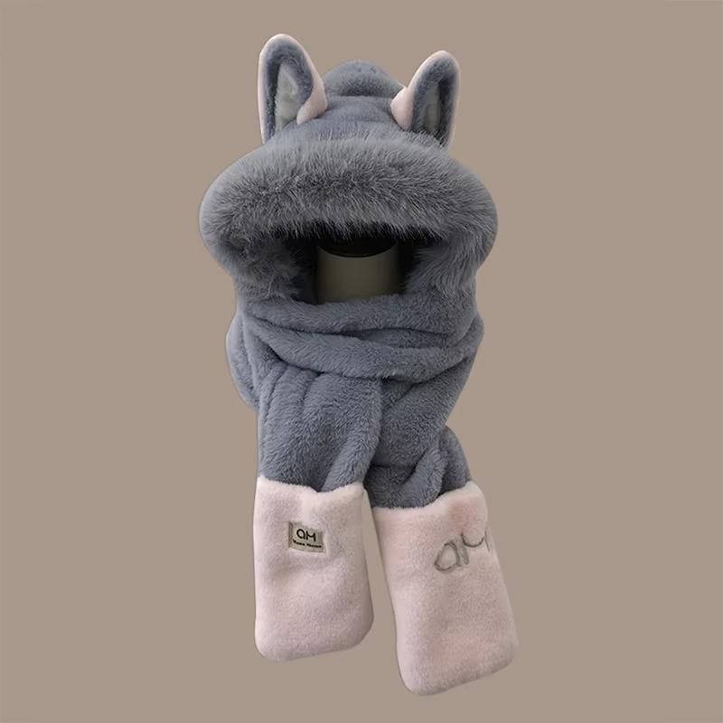 Winter new outdoor fox warm ear protection scarf furry and fashionable one-piece plush hat