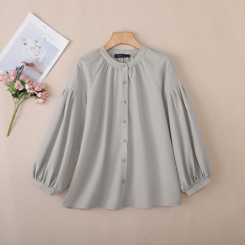 

ZANZEA Женская повседневная однотонная блузка с круглым вырезом и длинным рукавом 5XL