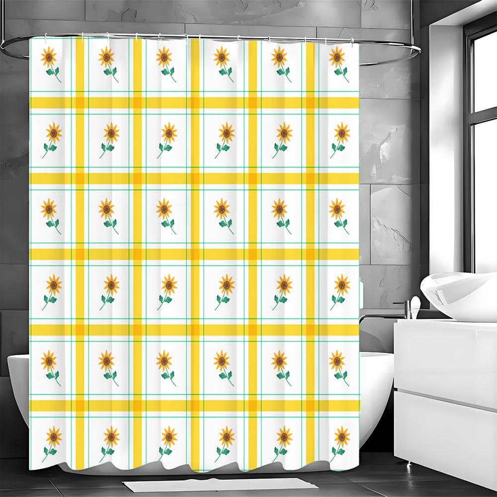 Checkered Sunflower Shower Curtain, Bathroom Decorative Shower Curtain, Waterproof Shower Curtain with Hooks