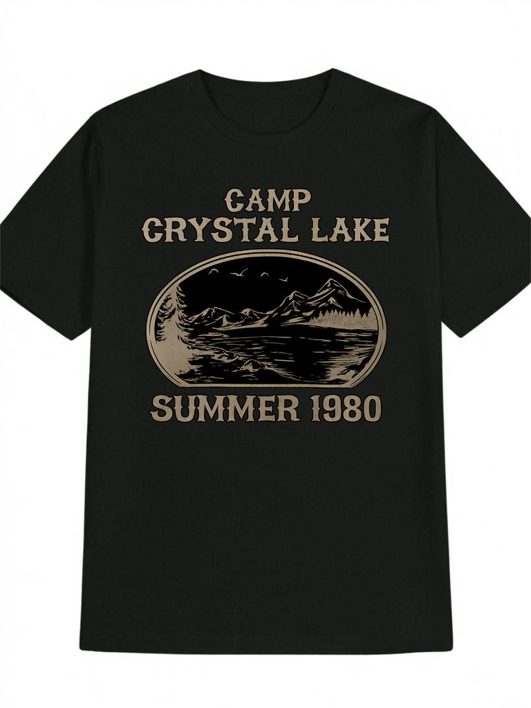 Casual Crew Neck T-shirt with "CAMP CRystal LAKE SUMMER 1980" Print - Black