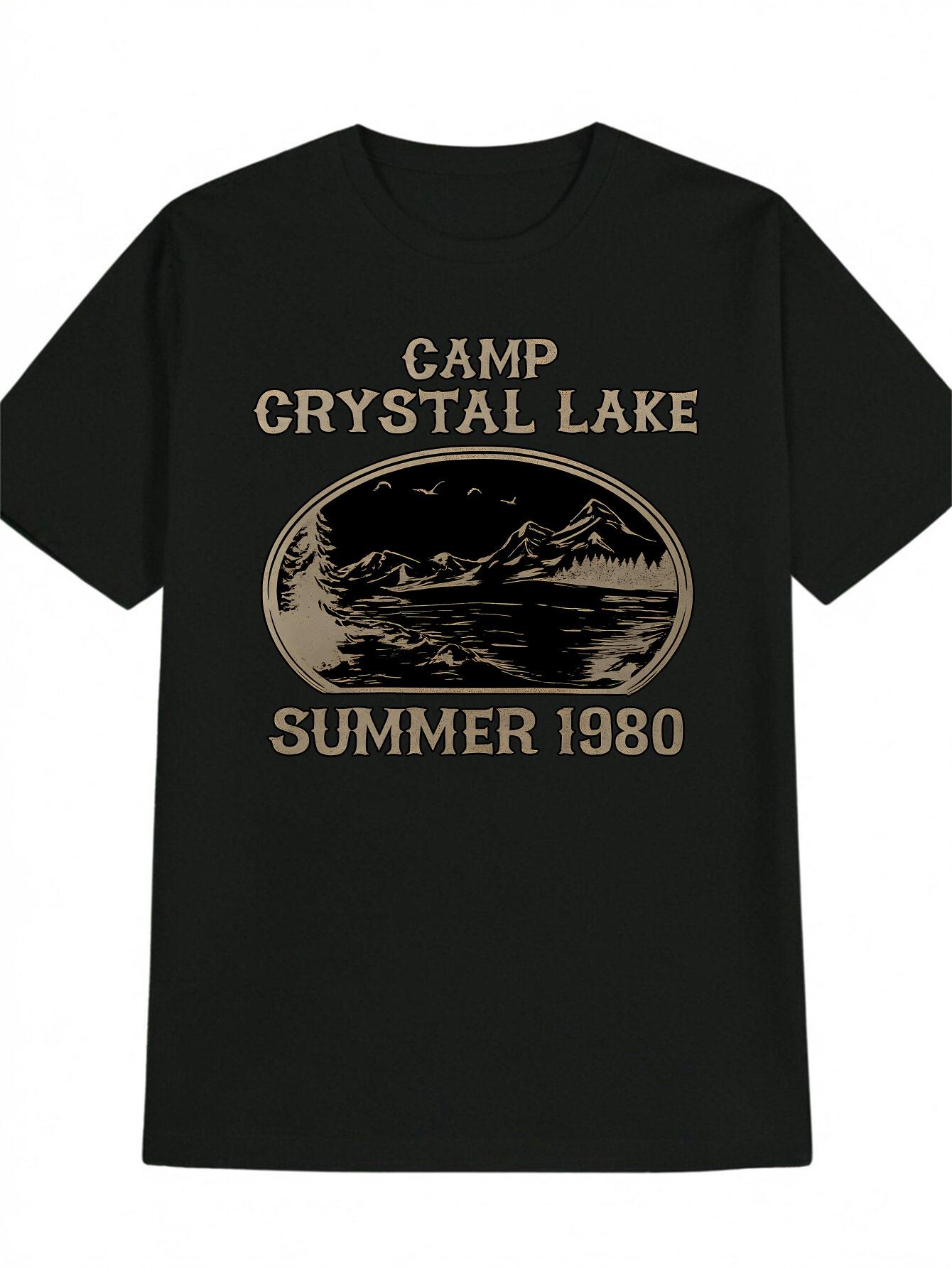 Casual Crew Neck T-shirt with  CAMP CRystal LAKE SUMMER 1980  Print - Black S