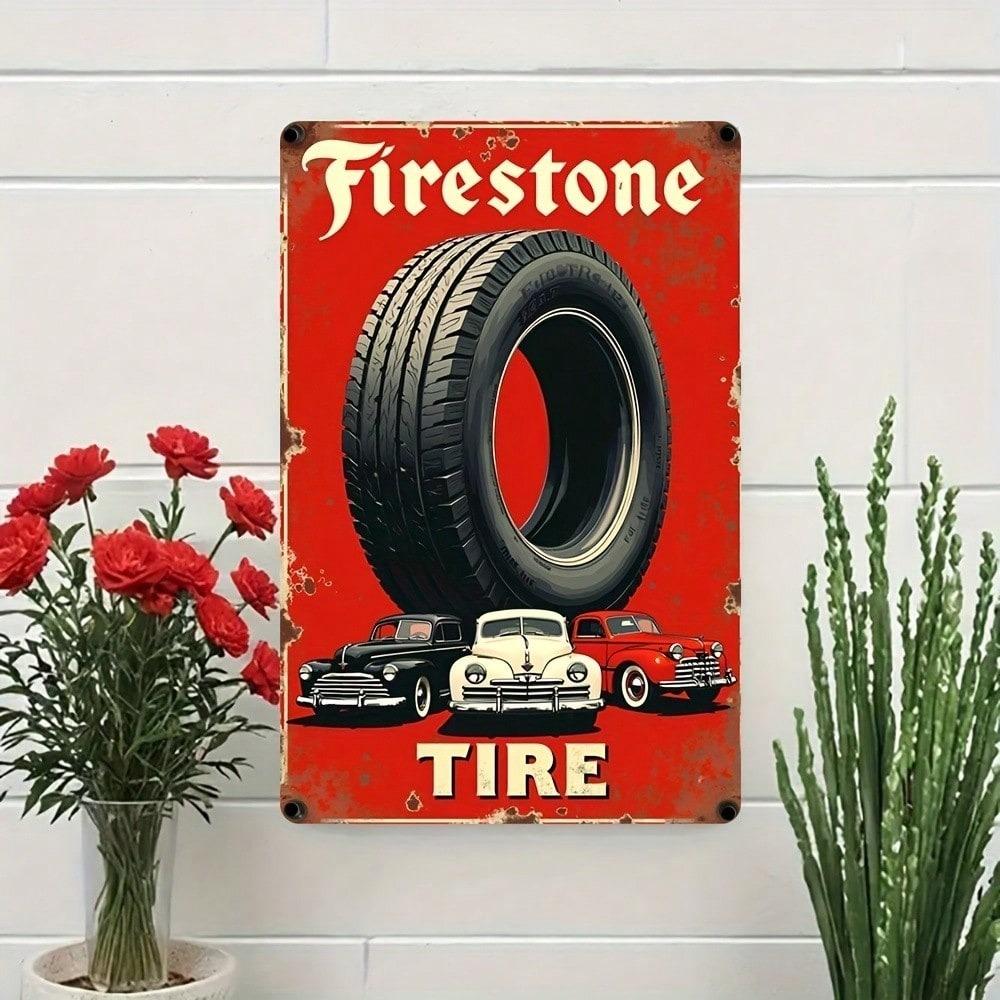 Vintage Firestone Tire Tin Sign Retro Garage Wall Art Home Bar Decor