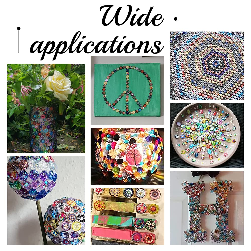 PH PandaHall Set of About 100 Cabochons 12mm Floral Pattern Rainbow Color Glass Cabochon Round Beads Mixed Circular Magnifying Lens Effect Accessory