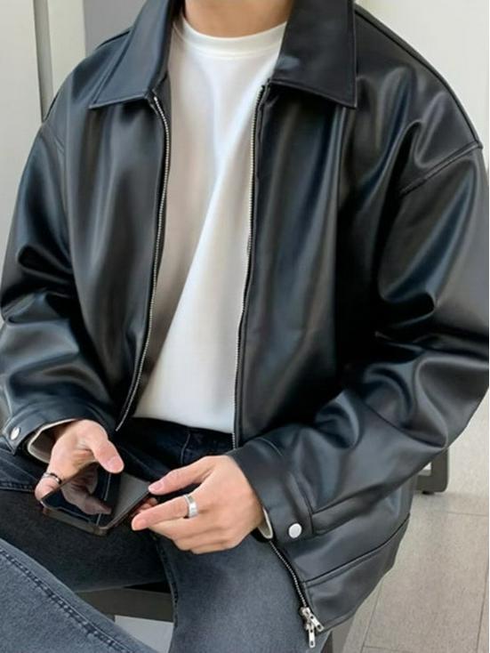 Men's Black Leather Pilot Jacket - Spring/Autumn Trendy Retro Motorcycle Style