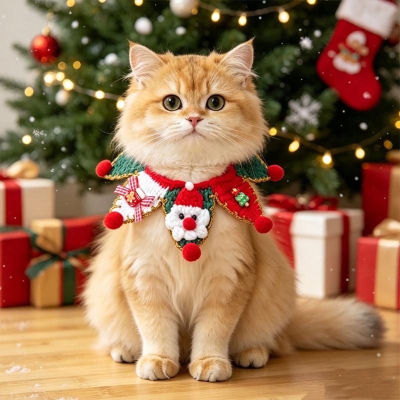 Holiday Dog Cats Neck Scarf with Christmas Character, Triangular Fabric Neckwear for Family Gathering, Seasonal Photos, and Pet Styling