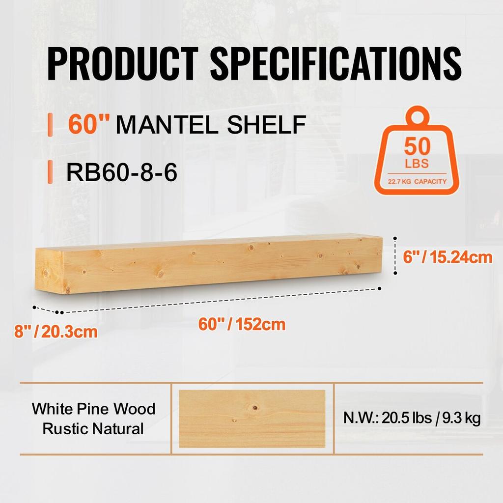 Fireplace Mantel Wood Shelf Floating Rustic Fireplace Mantel 60" Natural