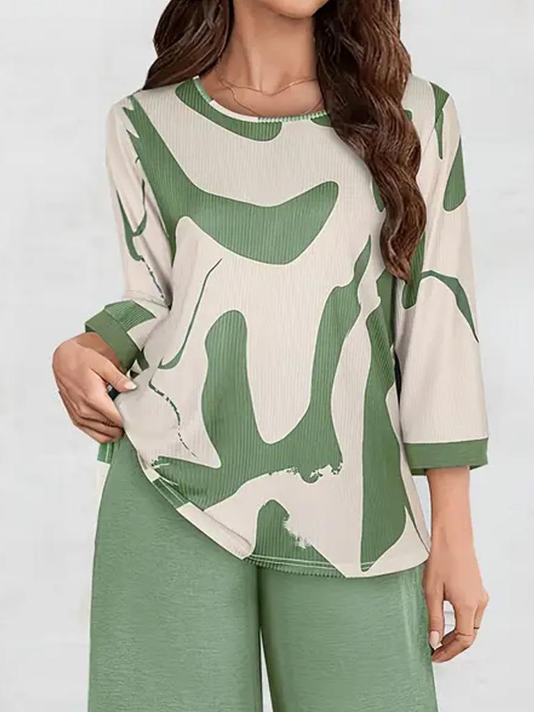 Damen Abstract Print U-Ausschnitt Lockerer Schnitt Oberteil Dreiviertelarm Lässige Bluse T-Shirt