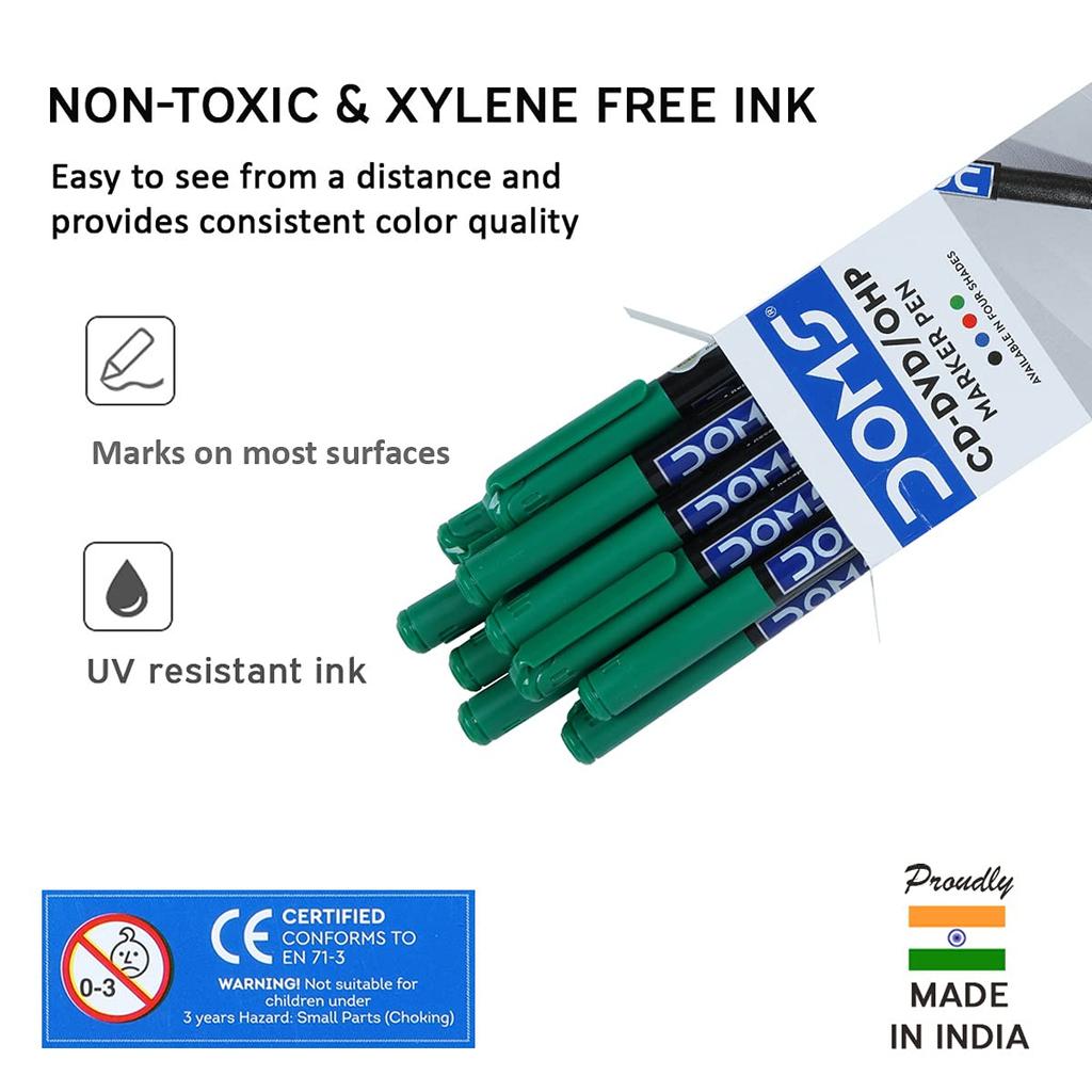 Doms Non Toxic CD DVD OHP Marker Pens Green Pack Of 1 20pcs For Office School Multi Surface Writing Labelling Smooth Ink