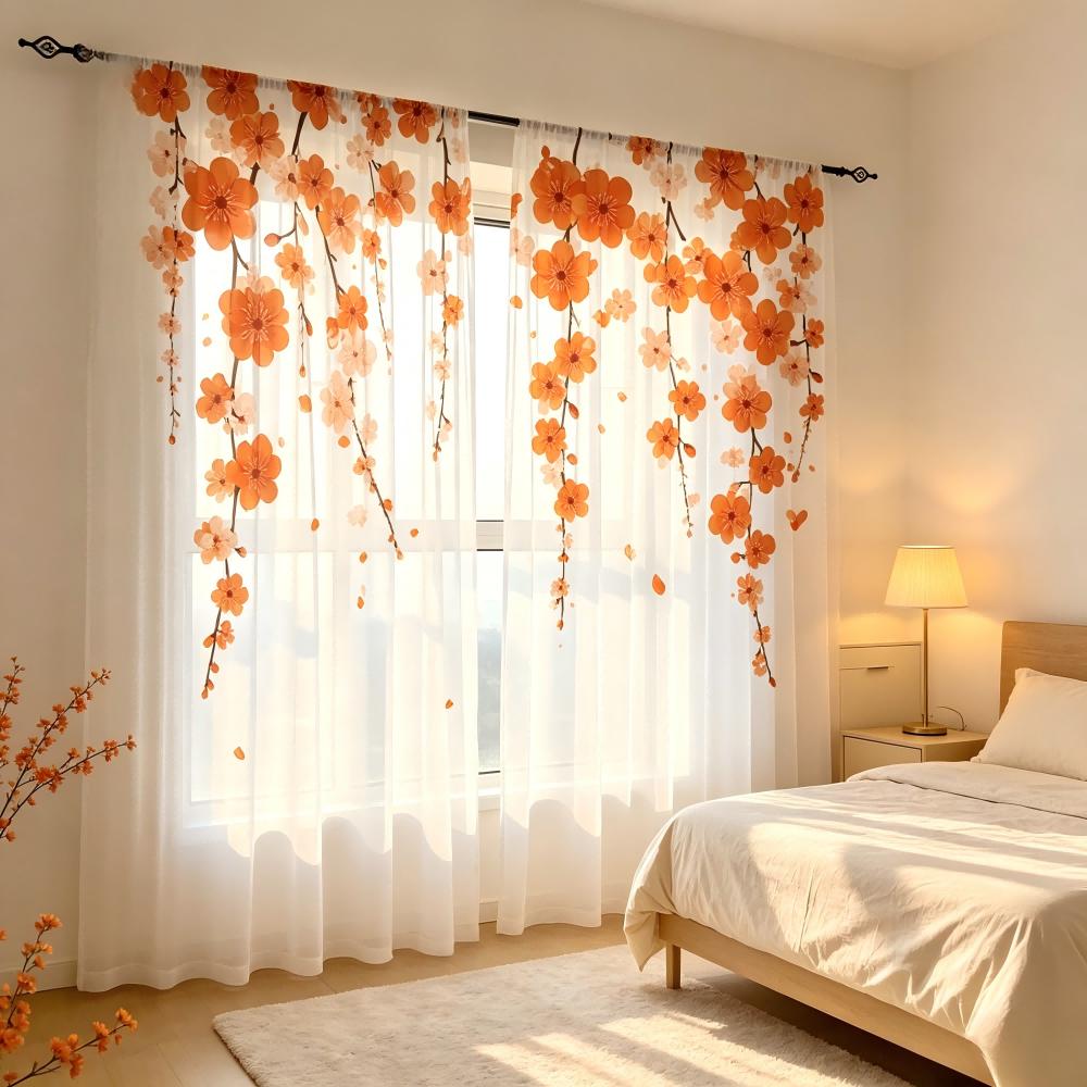 2PCS Digital Print Sheer Curtain, Orange
