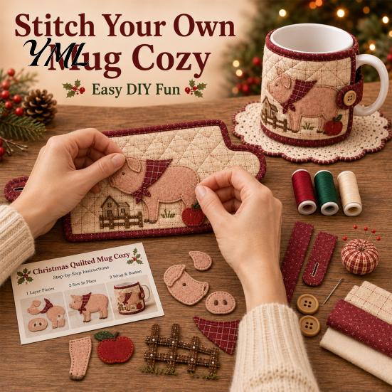 Quilted Mug Sleeve Pattern Farmhouse Friends Cozy Sewing Kit, DIY Animal Cup Craft, Handmade Fabric Craft Supplies Project with Festive Patterns,
