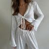 Women's 2 Piece Outfits Pajama Sets Long Sleeve Lounge Sets Pjs Sleepwear Sexy Drawstring Crop Tops and Soft Wide Leg Pants Slouchy Set for Women