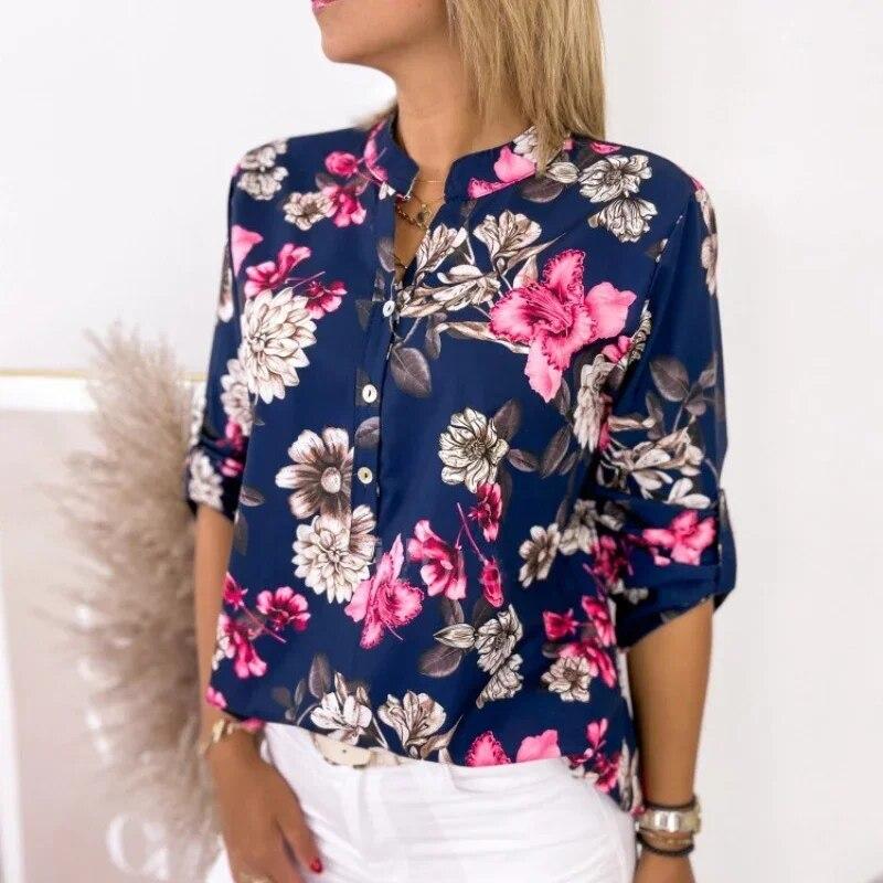 Fashion Print Blouse Women Shirts 2026 Spring Autumn Office Lady Casual Long Sleeve V-neck Tops Loose Clothes Blusas 30104