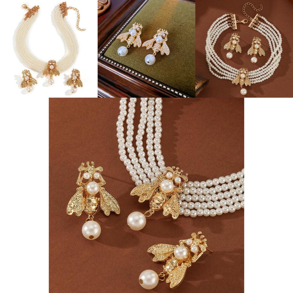 Gold Tier Schmuckset mit kleinem Bienenanhänger und Perlenohrringen für Damen