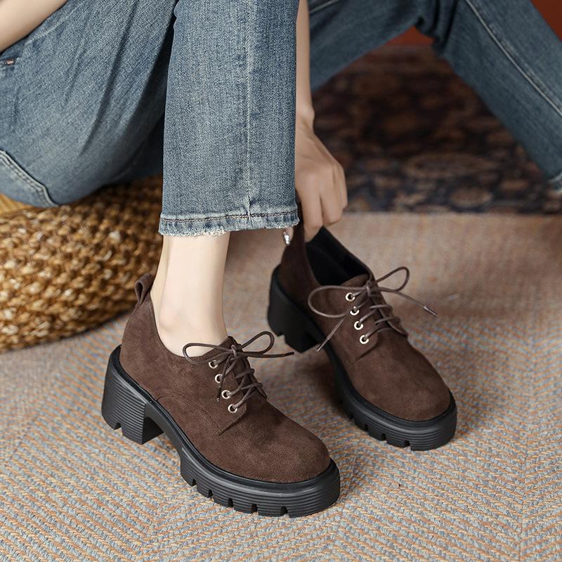 10Cm Small Inner Height Increase High Heel Thick Sole Lace-up Small Leather Shoes Women's New Single Shoes