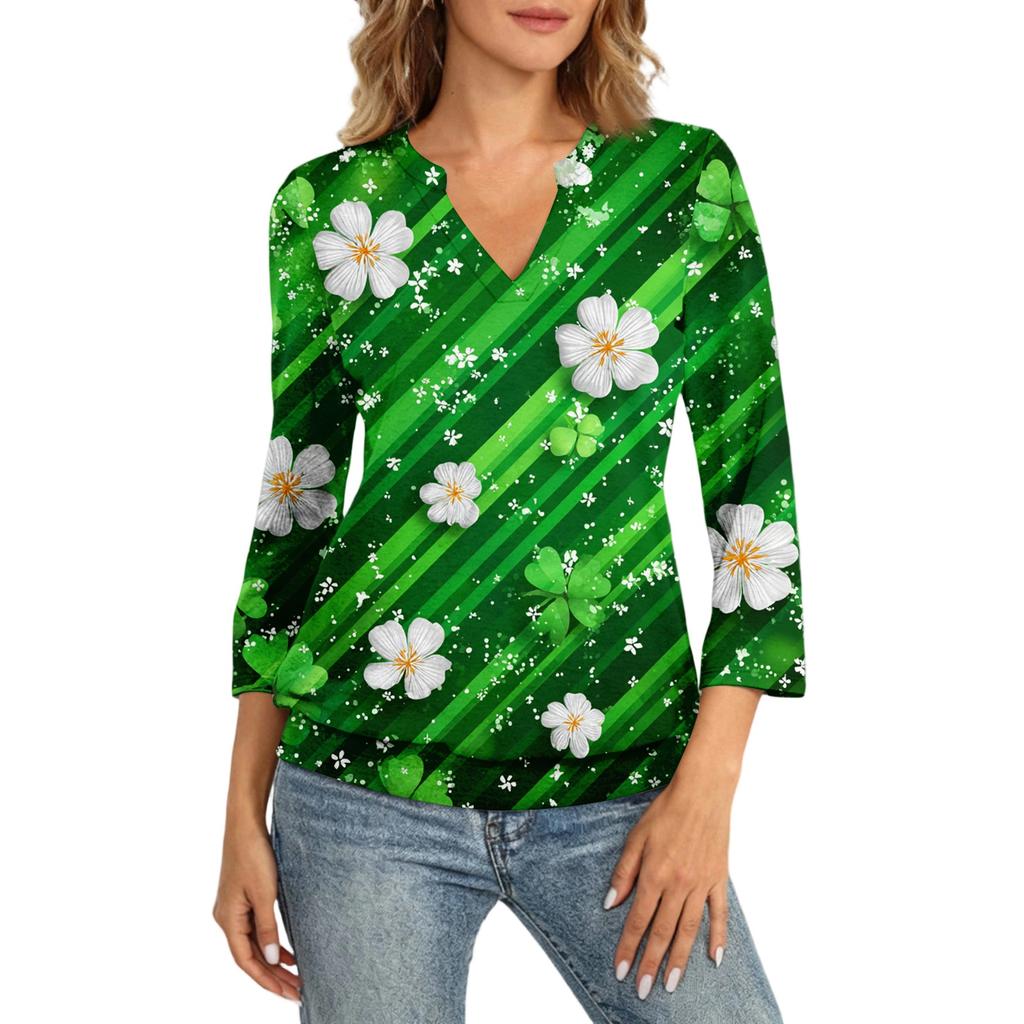 Damen 3/4-Arm Oberteil mit Bündchensaum, V-Ausschnitt, Sommer Freizeit-T-Shirt, St. Bedrucktes Oberteil zum St. Patrick's Day
